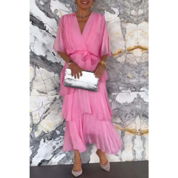 2025 Summer Women's Solid Color V-Neck Chiffon Tiered Dress - Batwing Sleeve Long Maxi Dress Casual Elegant Party Wear