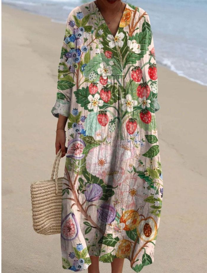 Women's Floral Print Long Sleeve Shirt Dress - Casual Loose V-Neck Beach Sundress Summer Maxi Dress