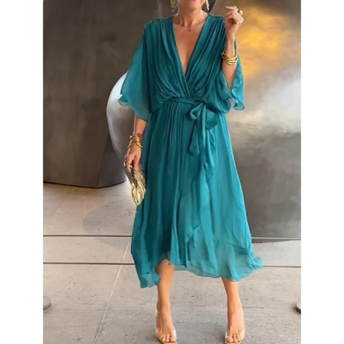 2025 New Women's Solid Color Belted Maxi Dress - Batwing Sleeve Asymmetrical Hem Casual Elegant Long Dress Boho Chic Style