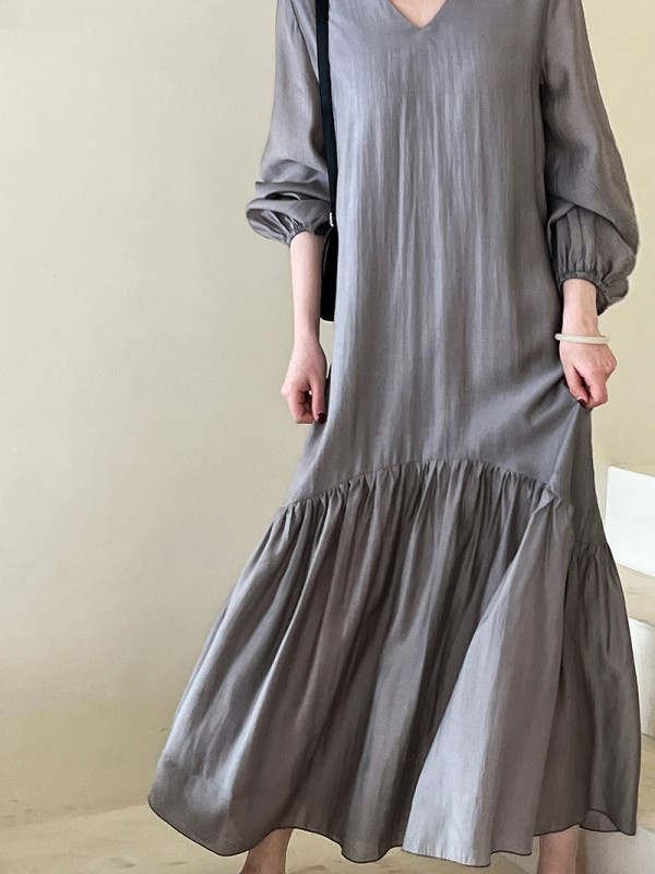 New Women's Tencel French Style Mermaid Hem Long Dress Loose Fit Soft Flowy Elegant Maxi Dress Simple Patchwork V-Neck Women's