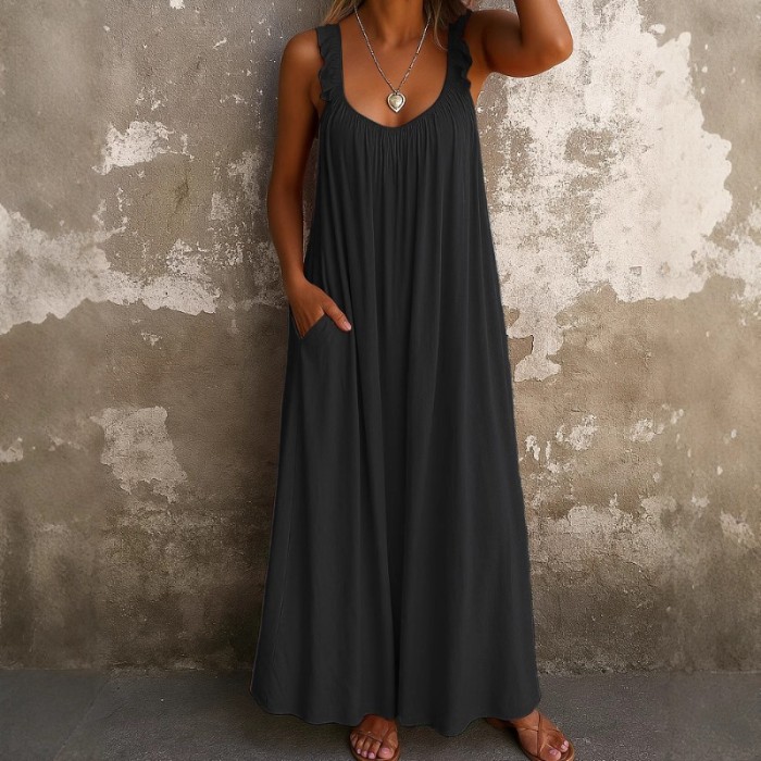 2025 New Women's Casual Dress - U Neck Strappy Tiered Maxi Dress with Smocked Waist in Multi Colors