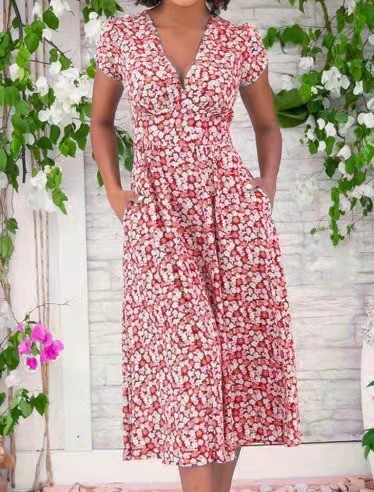 2025 New Floral Print Boho Dress with Pockets - Sweet V-Neck Midi Summer Dress in Chiffon, Bohemian Casual Beach Dress