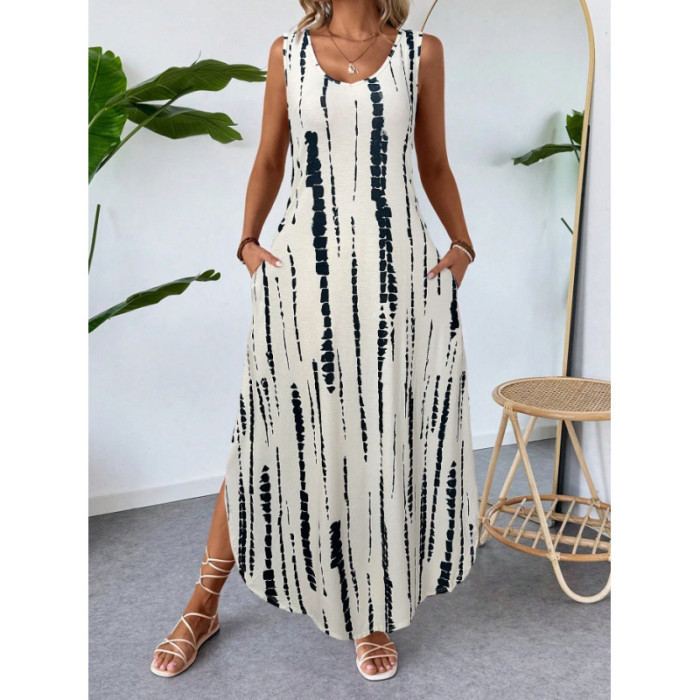 Summer Women's Floral Print Sleeveless Bodycon Dress - Slim Fit Pocket Sundress Sexy High Slit Beach Casual Maxi Dress
