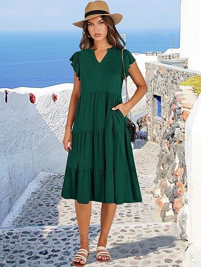 2025 Women's Solid V-Neck Dress - Flounced Sleeve Tiered Maxi Dress with Pockets & Pleated Skirt