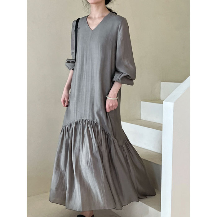 New Women's Tencel French Style Mermaid Hem Long Dress Loose Fit Soft Flowy Elegant Maxi Dress Simple Patchwork V-Neck Women's