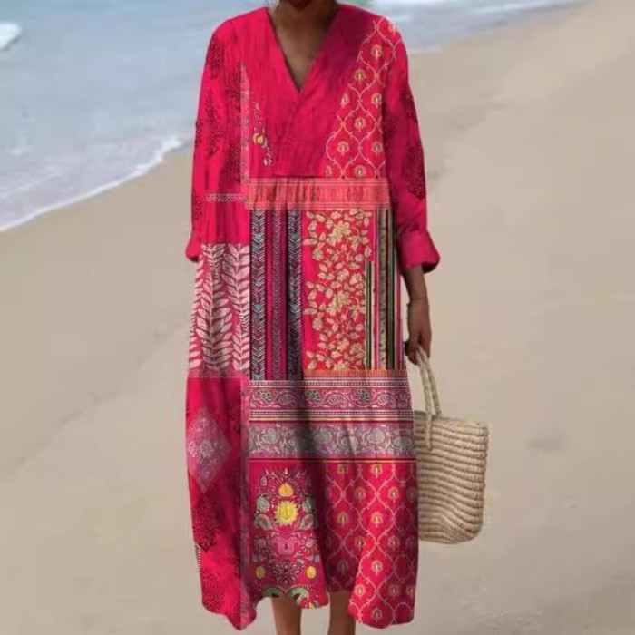 Women's Floral Print Long Sleeve Shirt Dress - Casual Loose V-Neck Beach Sundress Summer Maxi Dress