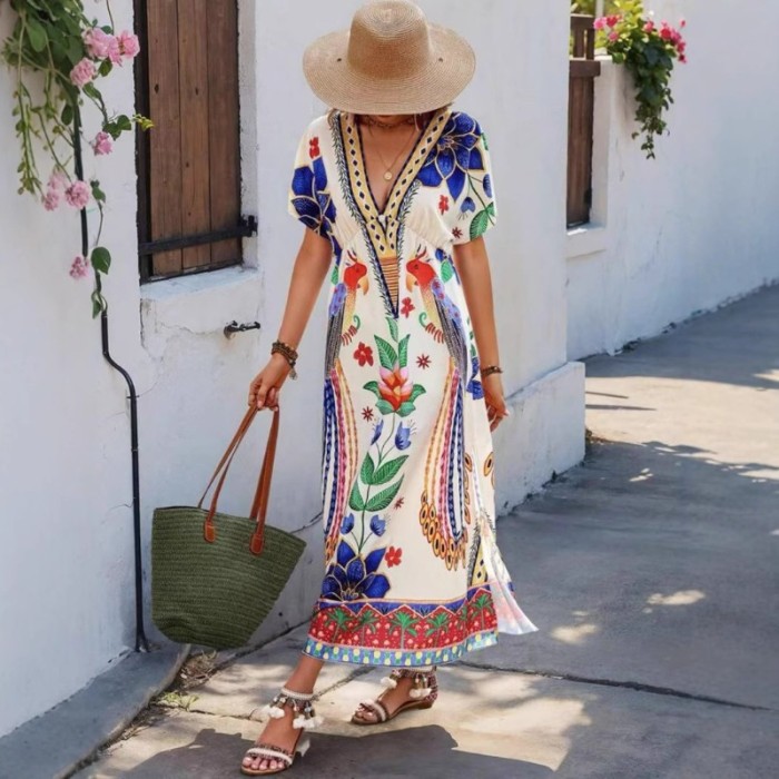 2025 Summer Women's V-Neck Floral Print Dress - Casual Short Sleeve Long Maxi Dress Loose Fit Boho Beach Sundress