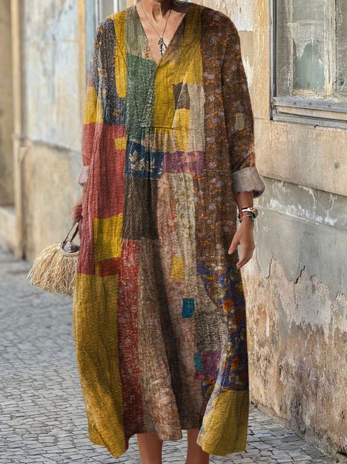 Women's Floral Print Long Sleeve Shirt Dress - Casual Loose V-Neck Beach Sundress Summer Maxi Dress