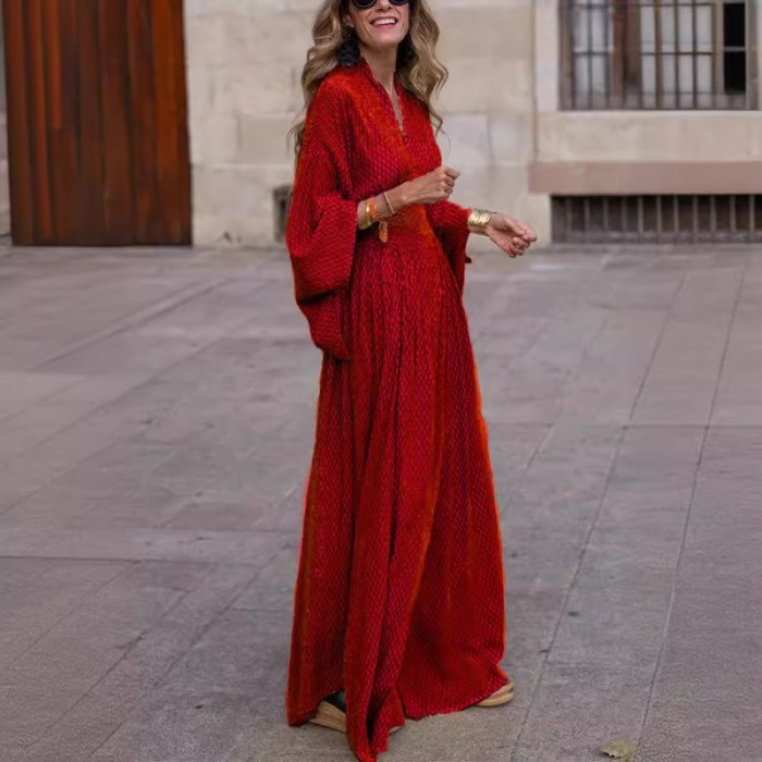 2025 Autumn Women's Long Sleeve V-Neck Dress - Relaxed Fit Waist Defined Flowy Maxi Dress Casual Elegant Swing Dress