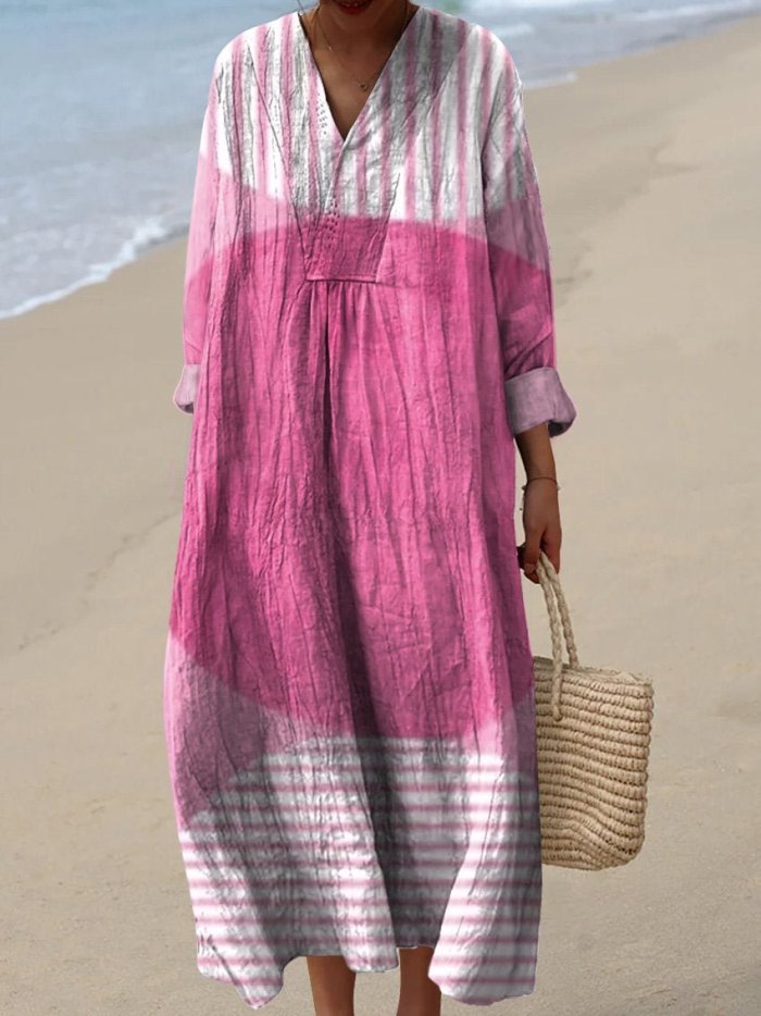 Women's Floral Print Long Sleeve Shirt Dress - Casual Loose V-Neck Beach Sundress Summer Maxi Dress