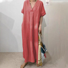 Women's Casual V-neck Cotton and Linen Solid Color Maxi Dress