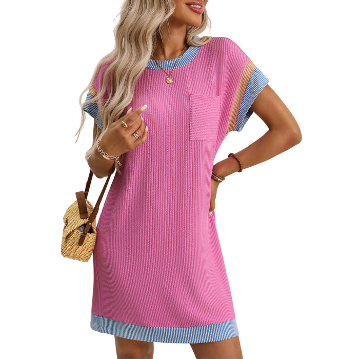 2025 Summer Women's Color Block Twist Detail Dress - Short Sleeve Pocket Casual Shift Dress Trendy Contrast Trim Sundress