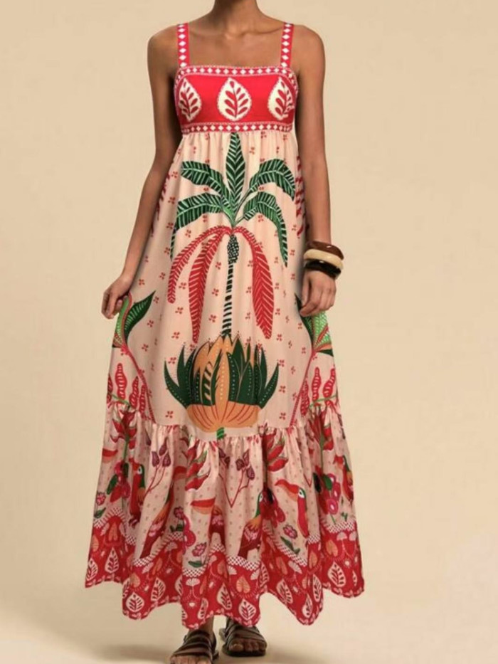 2025 Summer Women's Boho Strappy Dress - Floral Print Vacation Sundress Casual Beach Maxi Dress with Elastic Waist