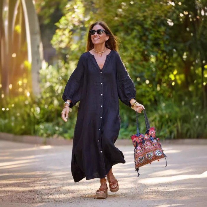2025 Spring Summer Women's Linen Blend Shirt Dress - Long Sleeve Open Front Casual Button Down Tunic Dress with Pockets