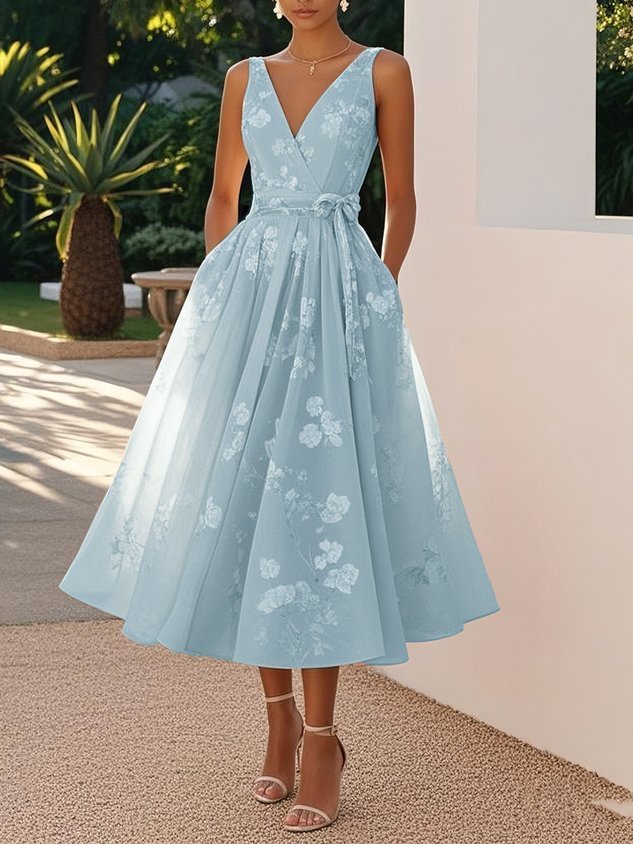 Women's Elegant Print Sexy V-Neck Backless Sleeveless Ball Gown Midi Dress