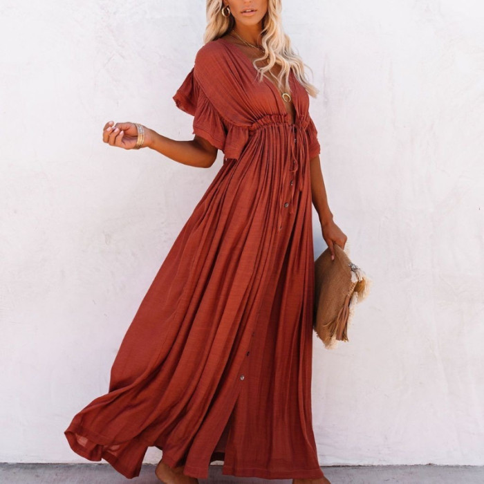 Fashion Women's Belted Button Detail Beach Dress Cover Up Solid Color Pleated Sun Protective Ruffle Hem Long Kimono
