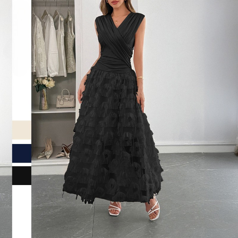 2025 Women's Elegant Patchwork Pleated Maxi Dress Fashion Asymmetrical Hem Chic Evening Gown with Ruffles & Slit Party Dress