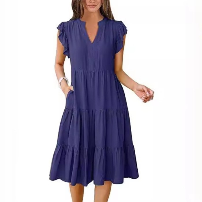 2025 Women's Solid V-Neck Dress - Flounced Sleeve Tiered Maxi Dress with Pockets & Pleated Skirt