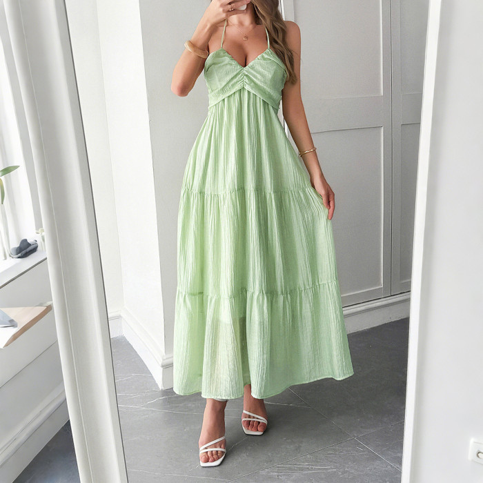 2025 Summer Women's Vacation Halter Neck Semi-Sheer Dress Wrinkle-Free Lyocell Boho Beach Maxi Dress with Side Slit