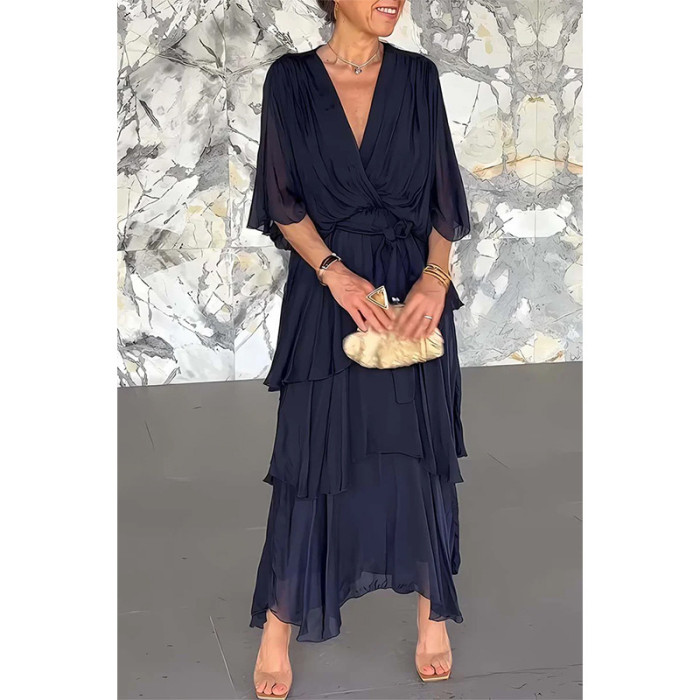 2025 Summer Women's Solid Color V-Neck Chiffon Tiered Dress - Batwing Sleeve Long Maxi Dress Casual Elegant Party Wear