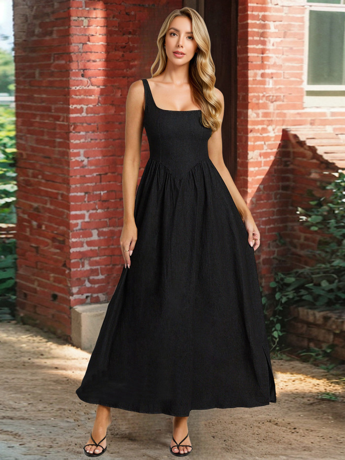 Women's Waist-Tie Vest Dress - Solid Color Stretchy Pleated Maxi Dress, Casual Chic Bodycon Long Dress for Office Party Vacation