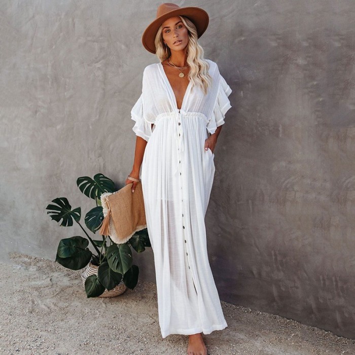 Fashion Women's Belted Button Detail Beach Dress Cover Up Solid Color Pleated Sun Protective Ruffle Hem Long Kimono
