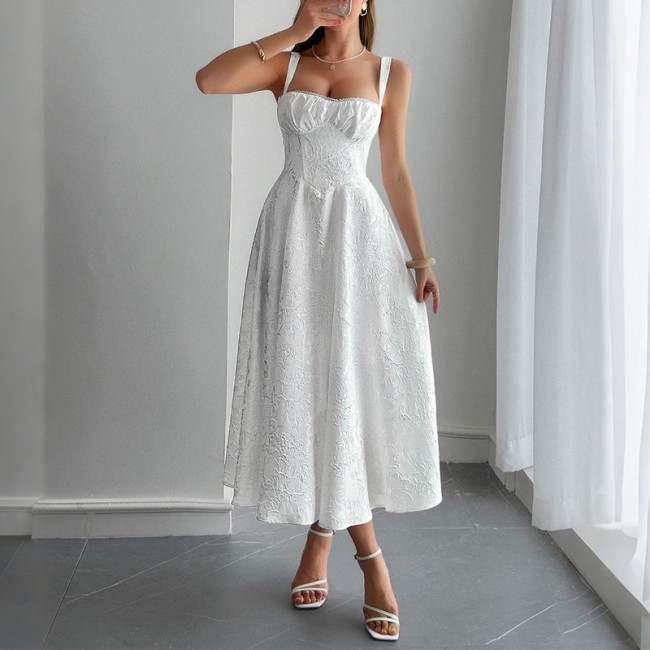 Women's Elegant Jacquard Spaghetti Strap Maxi Dress Classy Boho Chic Evening Gown with Floral Embroidery & Slit Beach Wedding
