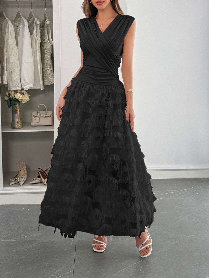 2025 Women's Elegant Patchwork Pleated Maxi Dress Fashion Asymmetrical Hem Chic Evening Gown with Ruffles & Slit Party Dress