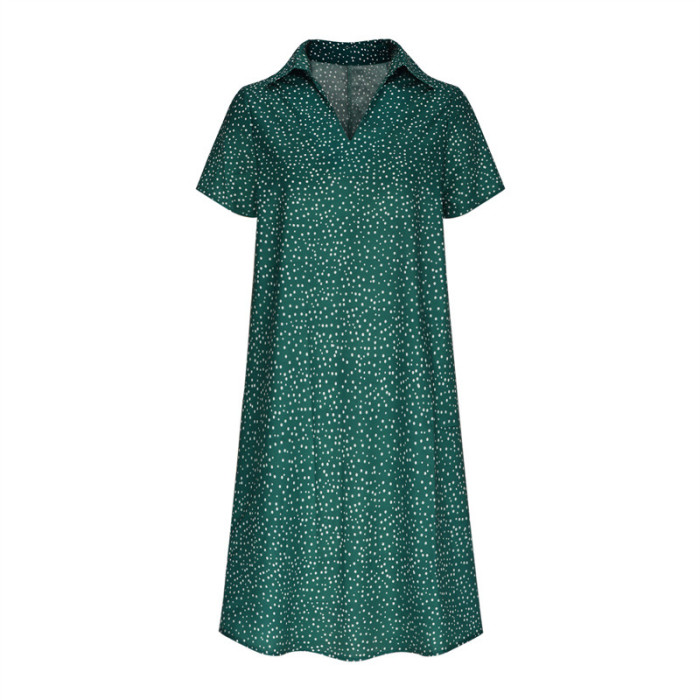 2025 Women's Polka Dot Shirt Dress - Summer V-Neck Short Sleeve Loose Fit Casual Maxi Dress