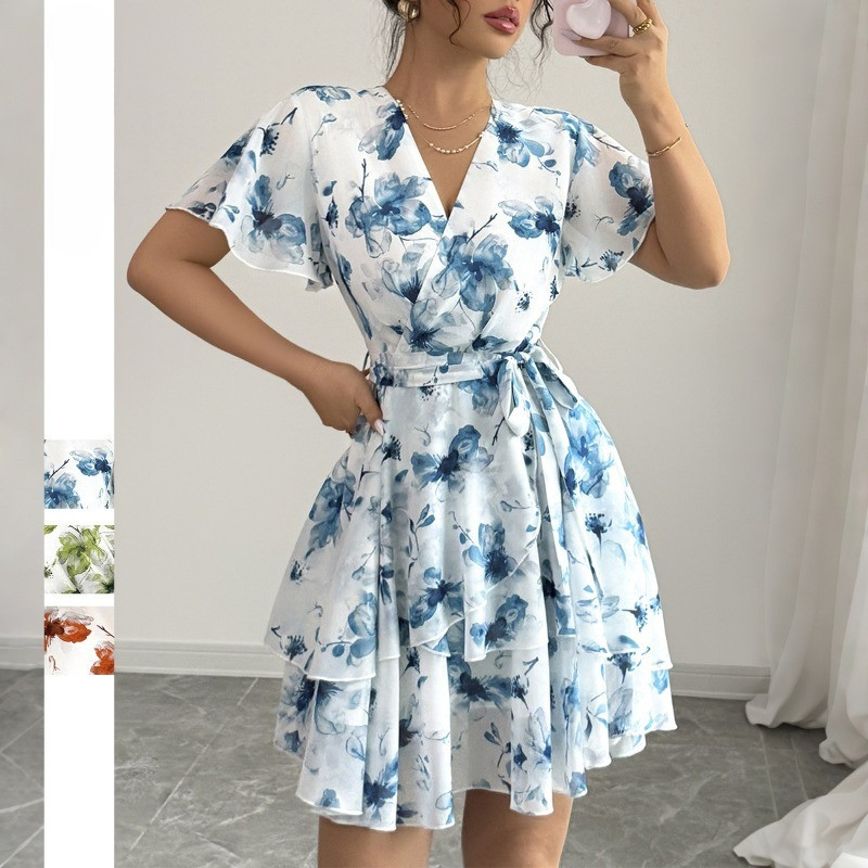Women's Casual Vacation Floral Print Short Sleeve Tiered Dress with Ruffled Skirt Boho Beach Sundress Lightweight A-Line Dress