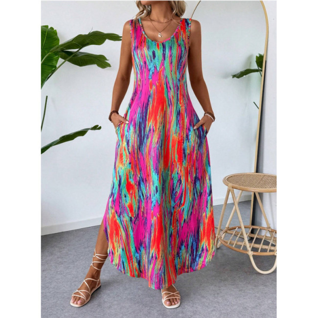 Summer Women's Floral Print Sleeveless Bodycon Dress - Slim Fit Pocket Sundress Sexy High Slit Beach Casual Maxi Dress