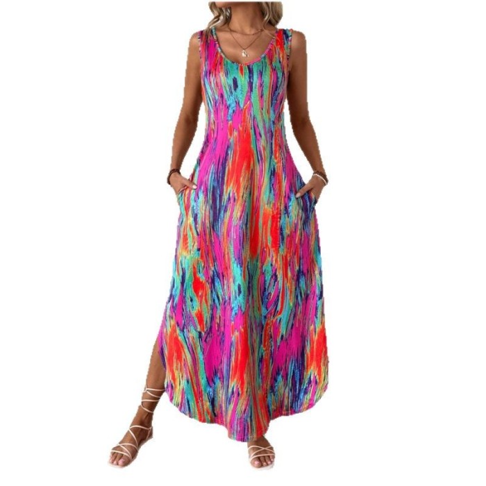 Summer Women's Floral Print Sleeveless Bodycon Dress - Slim Fit Pocket Sundress Sexy High Slit Beach Casual Maxi Dress