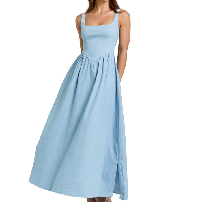 Women's Waist-Tie Vest Dress - Solid Color Stretchy Pleated Maxi Dress, Casual Chic Bodycon Long Dress for Office Party Vacation