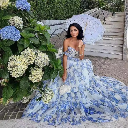 2025 Spring Summer Women's Off-Shoulder Organza Gown - Ethereal Long Evening Dress Romantic Formal Party Maxi Dress