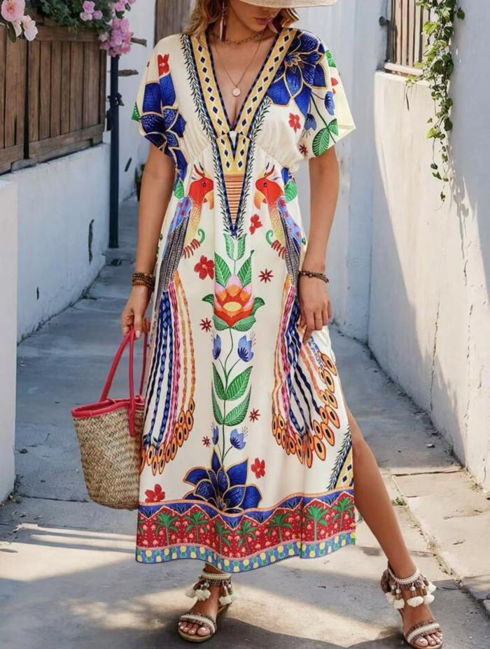 2025 Summer Women's V-Neck Floral Print Dress - Casual Short Sleeve Long Maxi Dress Loose Fit Boho Beach Sundress