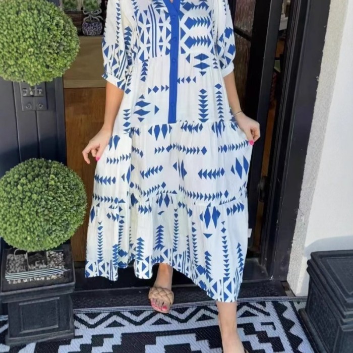 Women's 2025 New Floral Print Boho Shirt Dress Sexy V-Neck 3/4 Sleeve Button Down Maxi Dress