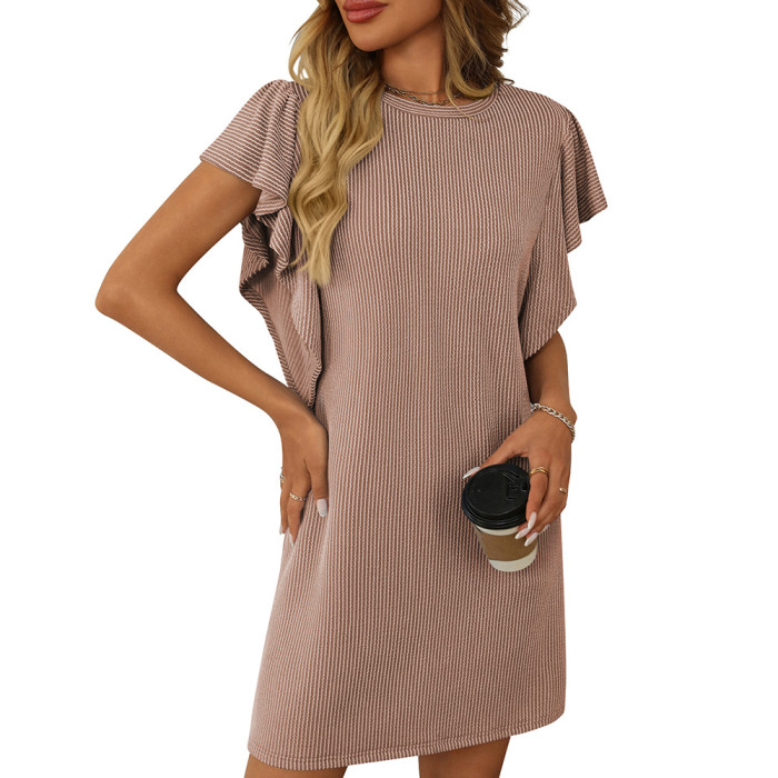 2025 Women's Color Block Twist Detail Dress - Round Neck Ruffled Sleeve Striped Short Dress for Vacation