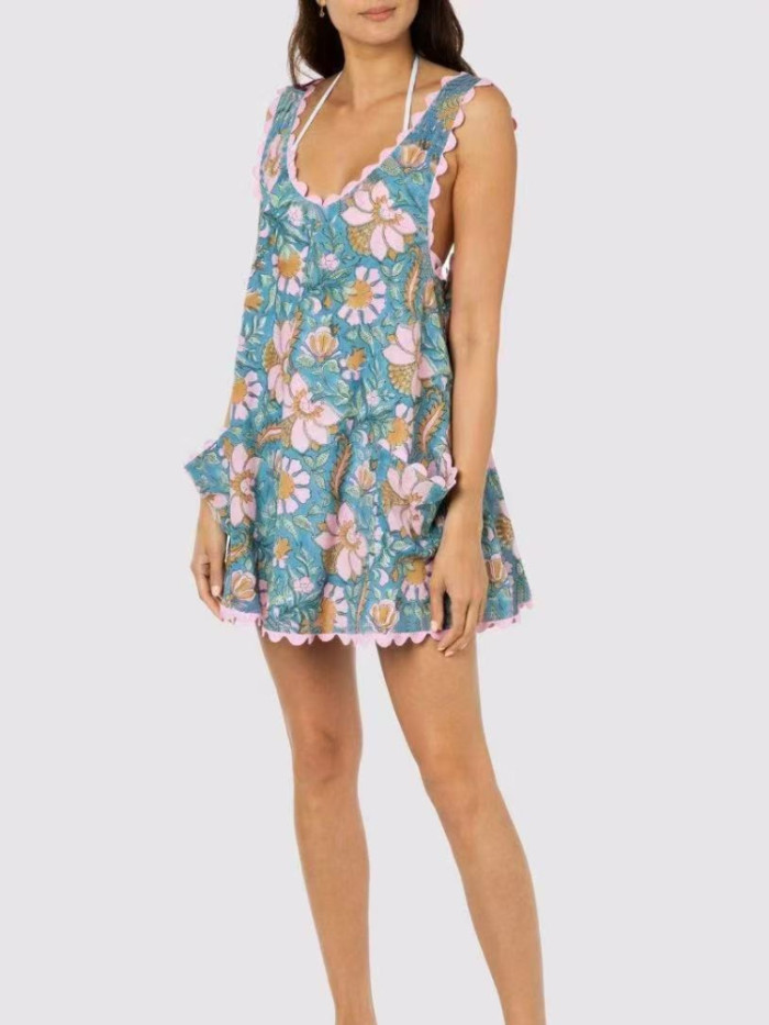 2025 Women's Sexy V Neck Backless Floral Print Chiffon Tiered Mini Dress Sleeveless Ruffled Sundress for Vacation Y2K Hot Style