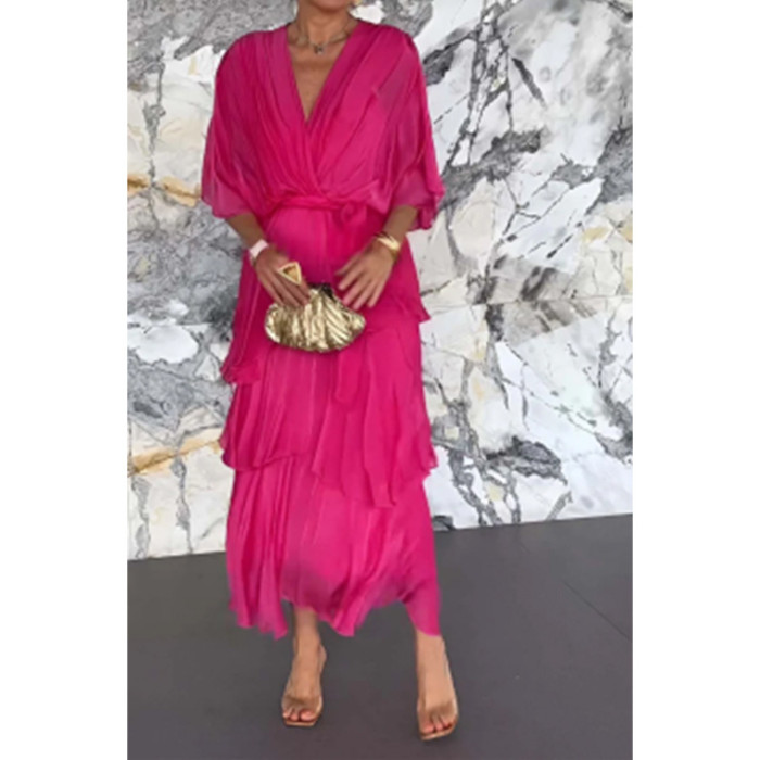 2025 Summer Women's Solid Color V-Neck Chiffon Tiered Dress - Batwing Sleeve Long Maxi Dress Casual Elegant Party Wear