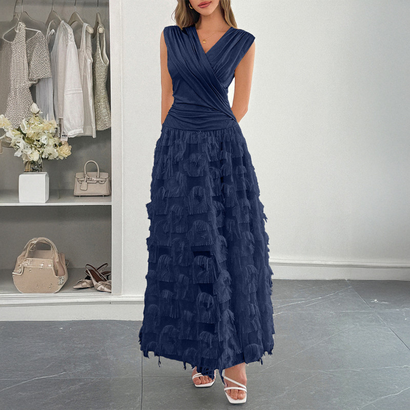 2025 Women's Elegant Patchwork Pleated Maxi Dress Fashion Asymmetrical Hem Chic Evening Gown with Ruffles & Slit Party Dress