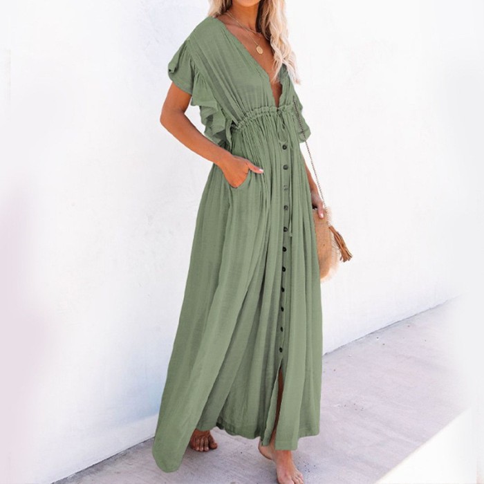 Fashion Women's Belted Button Detail Beach Dress Cover Up Solid Color Pleated Sun Protective Ruffle Hem Long Kimono