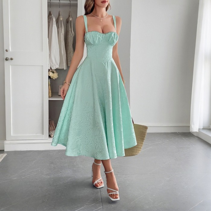Women's Elegant Jacquard Spaghetti Strap Maxi Dress Classy Boho Chic Evening Gown with Floral Embroidery & Slit Beach Wedding