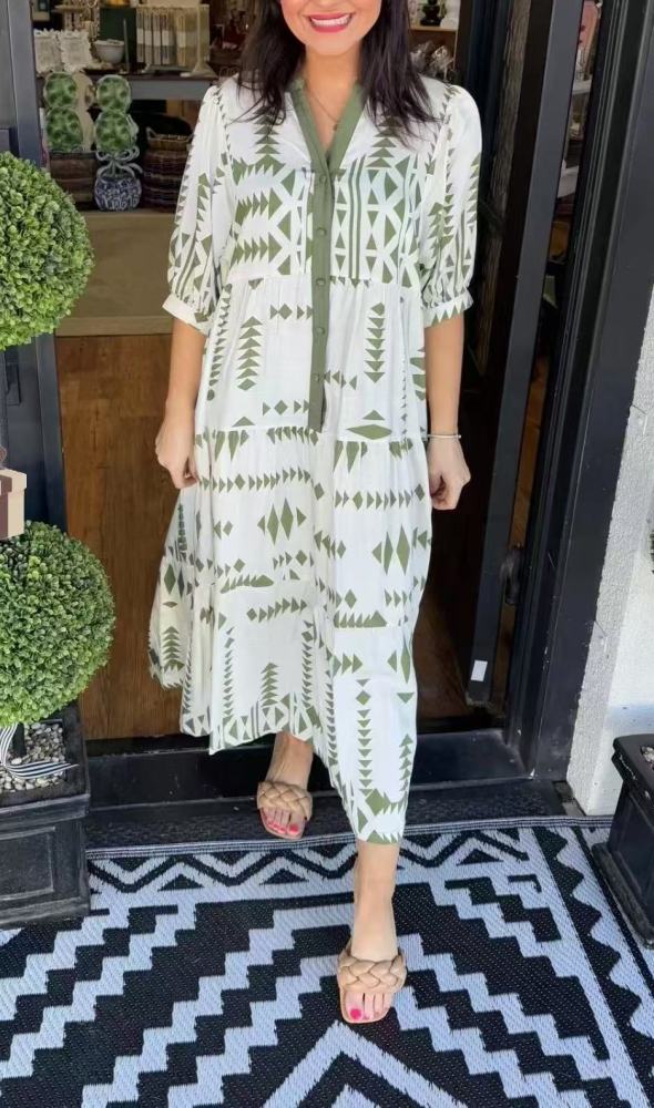 Women's 2025 New Floral Print Boho Shirt Dress Sexy V-Neck 3/4 Sleeve Button Down Maxi Dress