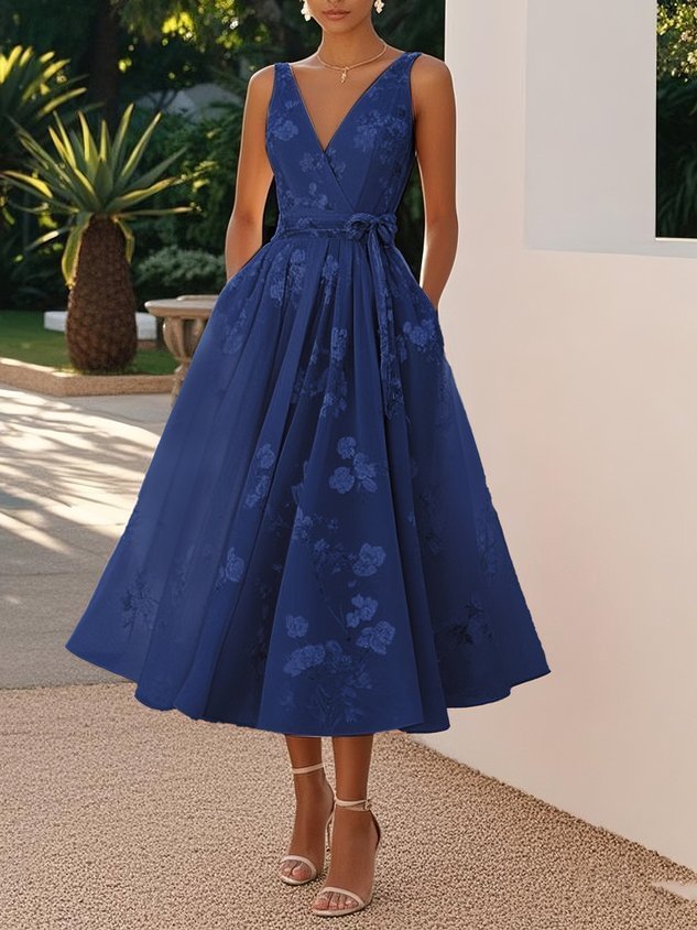 Women's Elegant Print Sexy V-Neck Backless Sleeveless Ball Gown Midi Dress