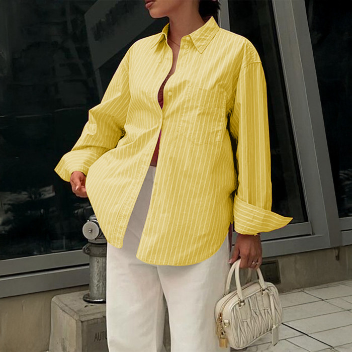 Women's Casual Vacation Striped Long Sleeve Shirt Minimalist Loose Fit Blouse Beach Top with Button Down Office Travel Shirt