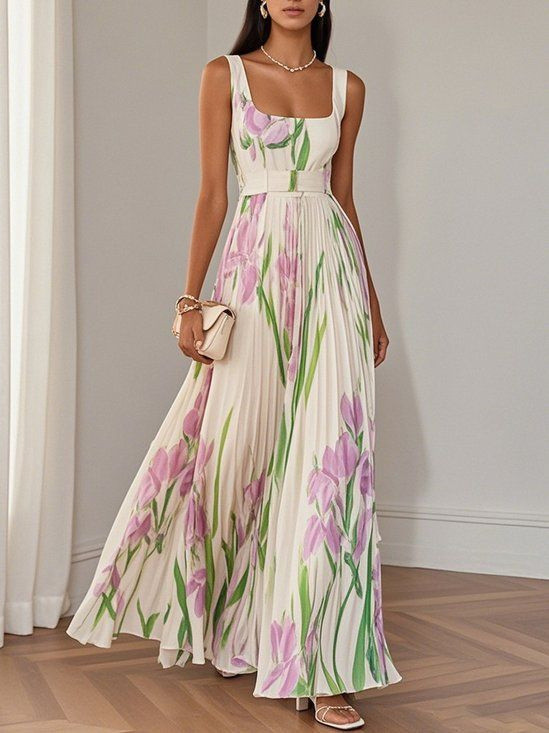 Women's Fashion Elegant Floral Printed Suspender Maxi Dress