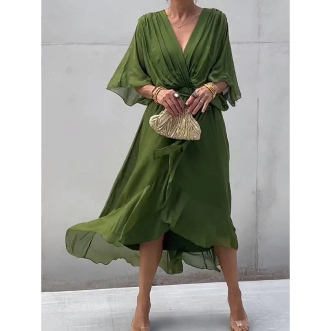 2025 New Women's Solid Color Belted Maxi Dress - Batwing Sleeve Asymmetrical Hem Casual Elegant Long Dress Boho Chic Style