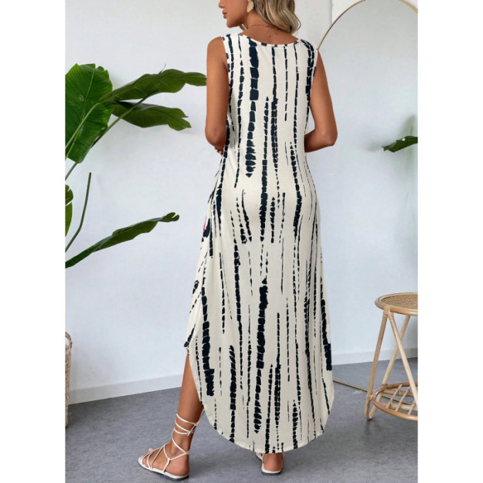 Summer Women's Floral Print Sleeveless Bodycon Dress - Slim Fit Pocket Sundress Sexy High Slit Beach Casual Maxi Dress