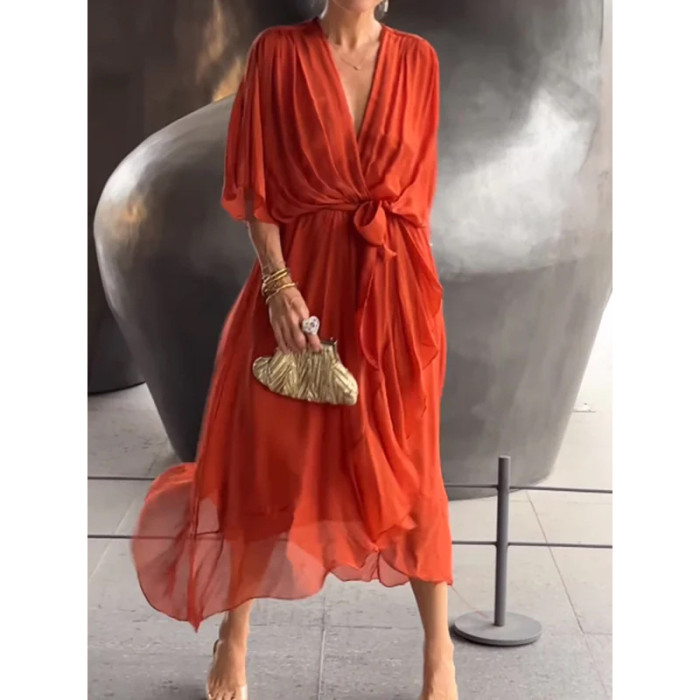 2025 New Women's Solid Color Belted Maxi Dress - Batwing Sleeve Asymmetrical Hem Casual Elegant Long Dress Boho Chic Style
