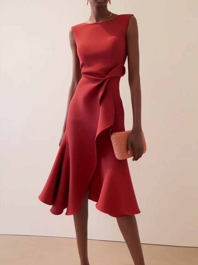 Women's Elegant Solid Color Slim Fit Ruffled Irregular Dress